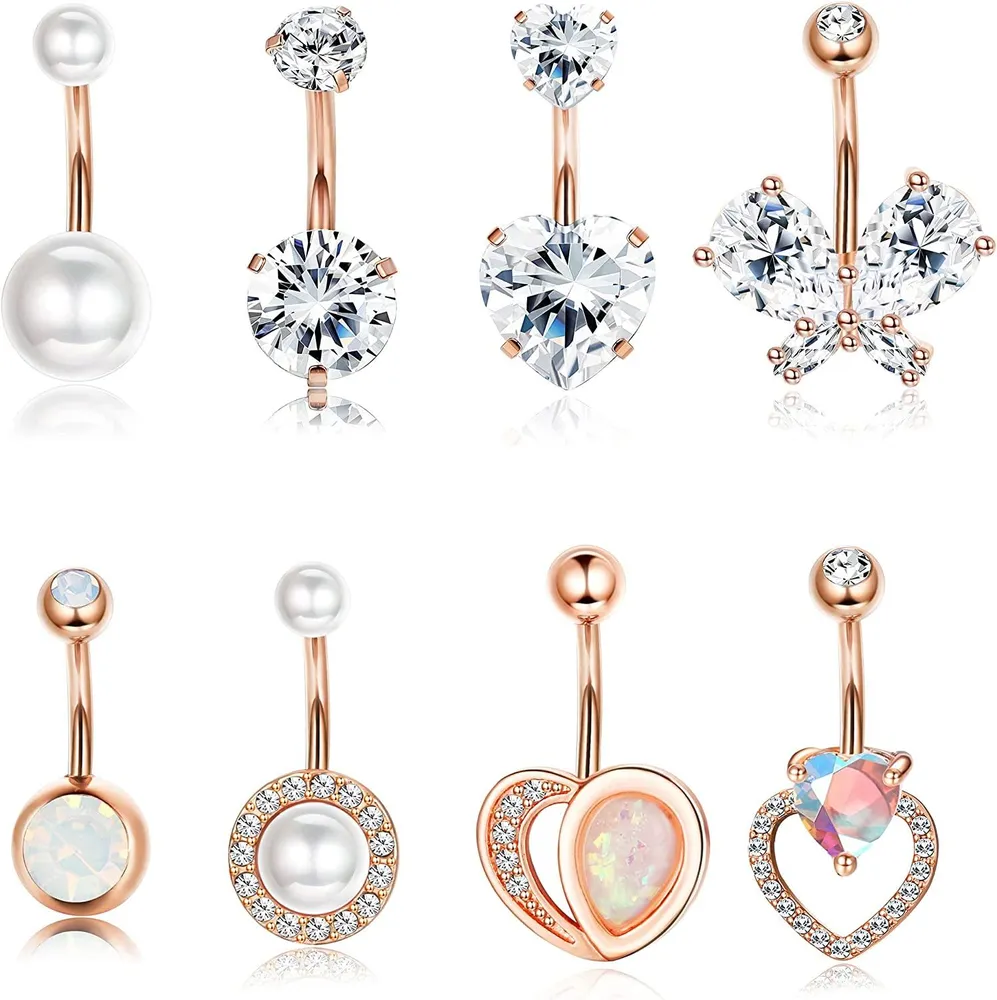 8pcs Bauchknopfring 316L Edelstahl Bauchringe CZ Opal Perle für Frauen Schmetterling Herz Nabel Piercing Schmuck 14G