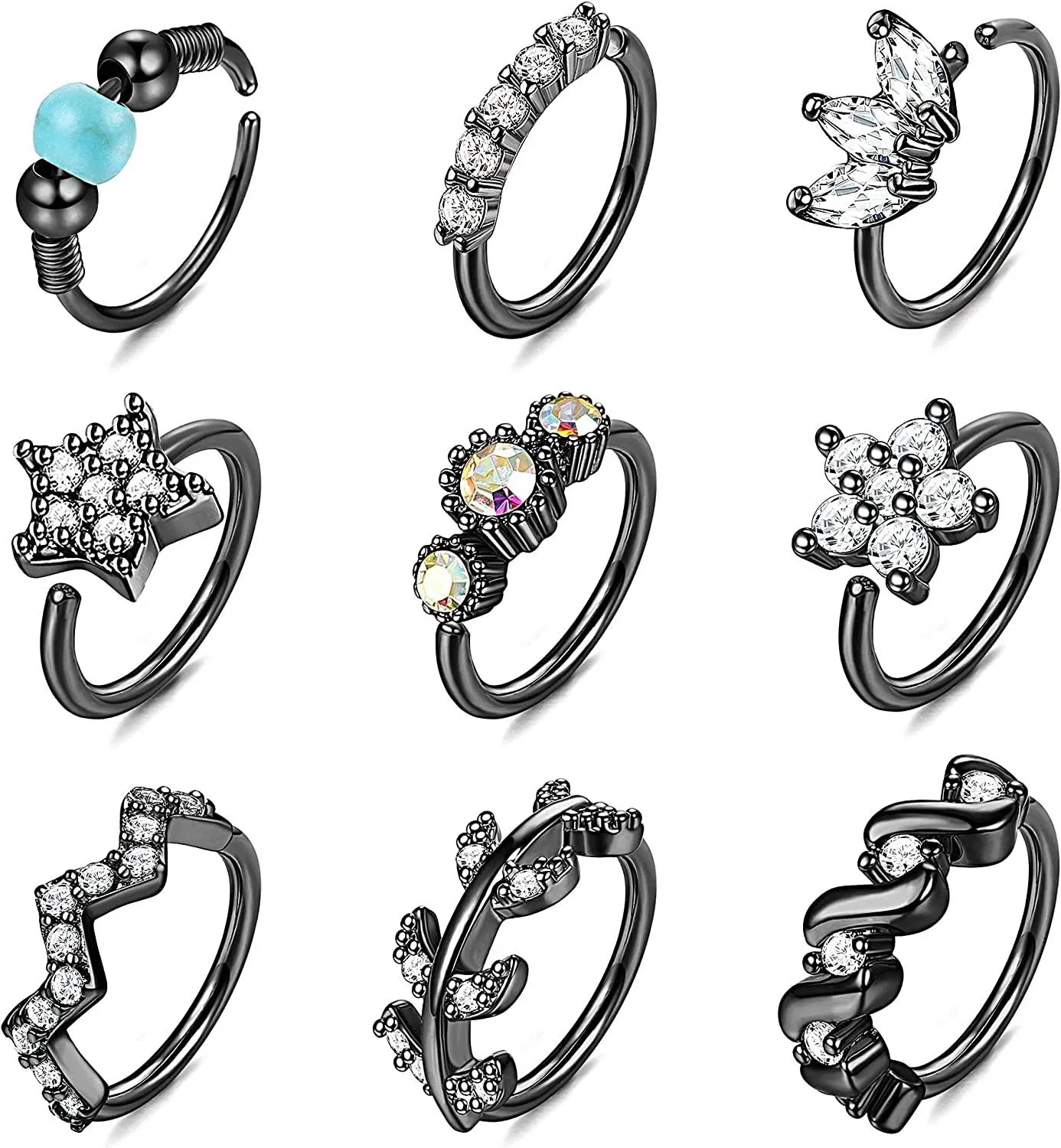 9pcs 20G Nasenringe Schreifen für Frauen Edelsteinpflastert CZ Blumenblatt süße Knorpel Helix Ohrringe Schleife Körper Piercing Ringe 8mm