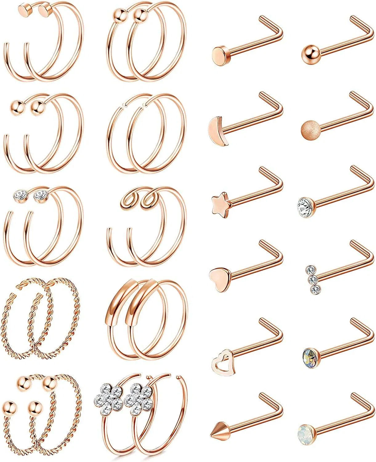 32PCS 316L Edelstahl 20G Nasenringe Schleife L-geformte Nasenstöcke CZ Tragus Knorpel Ohrringe Labret Stud Nasen Piercing für Frauen Männer