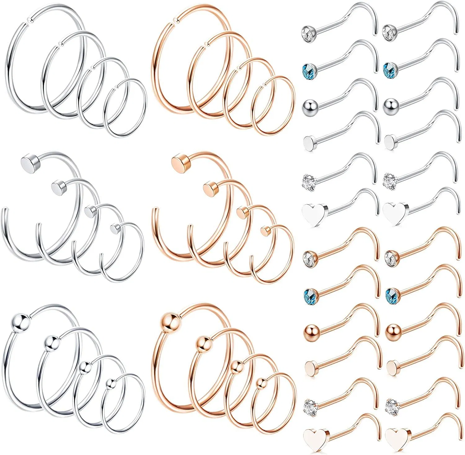48Pcs 20G Nasenringe Hoop 316L Edelstahl-Nasenringe Studs Pin Knochen Gerade Schraube L-Form Nasen Studs Ringe Nasen Piercing Schmuck