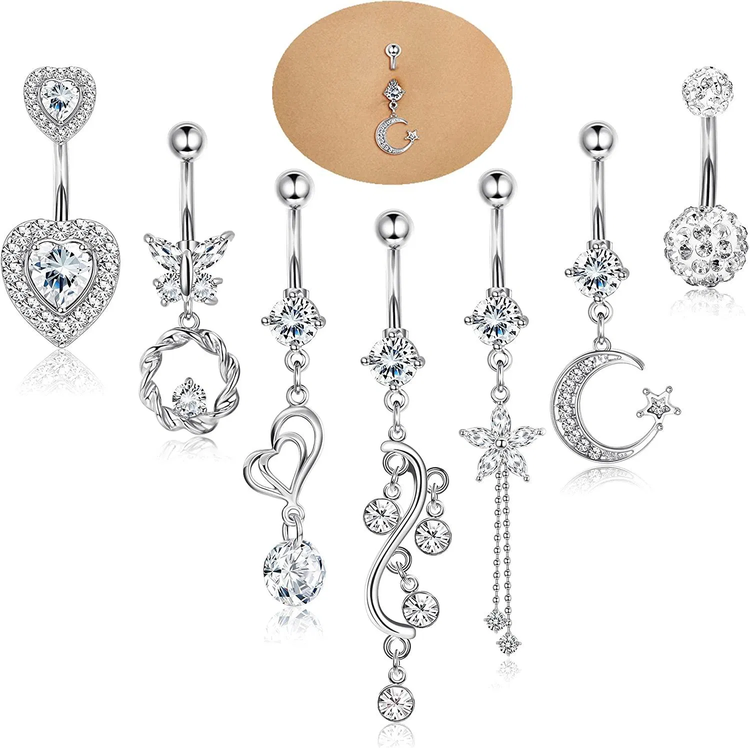 14G Bauchknopfringe Dangle für Frauen Edelstahl Schmetterlingsblume Stern Mond funkelte Clear CZ Dangle Nabelringe Körper Piercing 7Pcs