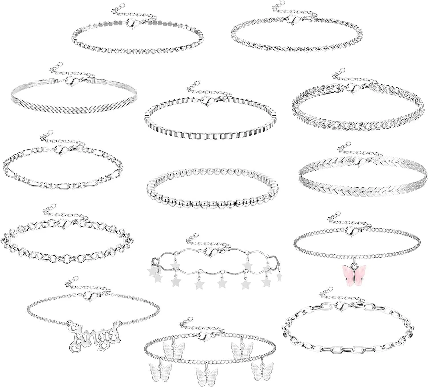 14pcs Sliver Gold Plated Chain Ankleber für Frauen Schmetterling Ankleber Armbänder Set verstellbare Mode Kuban Link Flat Ankleber Schmuck