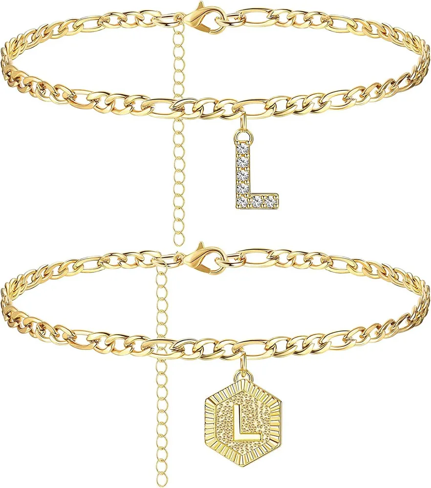 Anfängliche Knöchel-Armbänder für Frauen; Edelstahl-Schicht Figaro-Kettenbrief Anfängliche Knöchel-Armbänder mit Buchstaben-Alphabet für Frauen Mädchen (2Pcs)