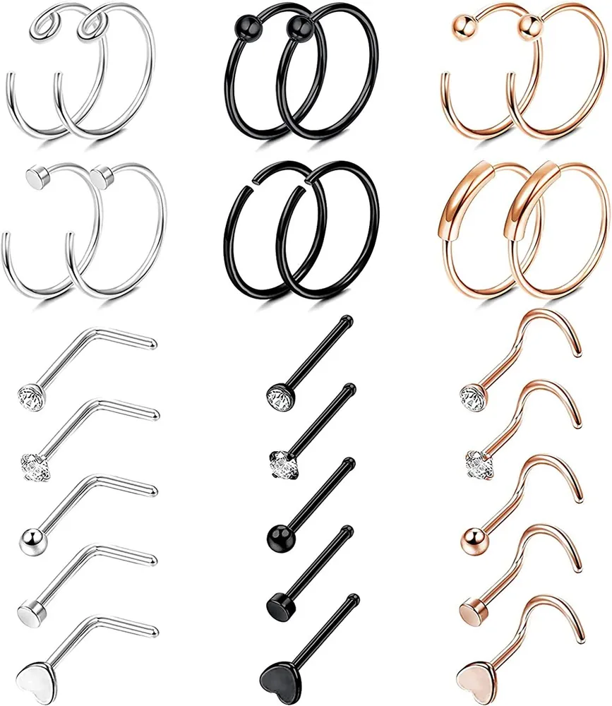 27pcs 20G Edelstahl-Nase - Studs Nasenringe L-Form - Schraube CZ-Nase - Studs Nasenschleifen Helix Knorpel Tragus-Ohrringe Nasen Piercing für Frauen Männer