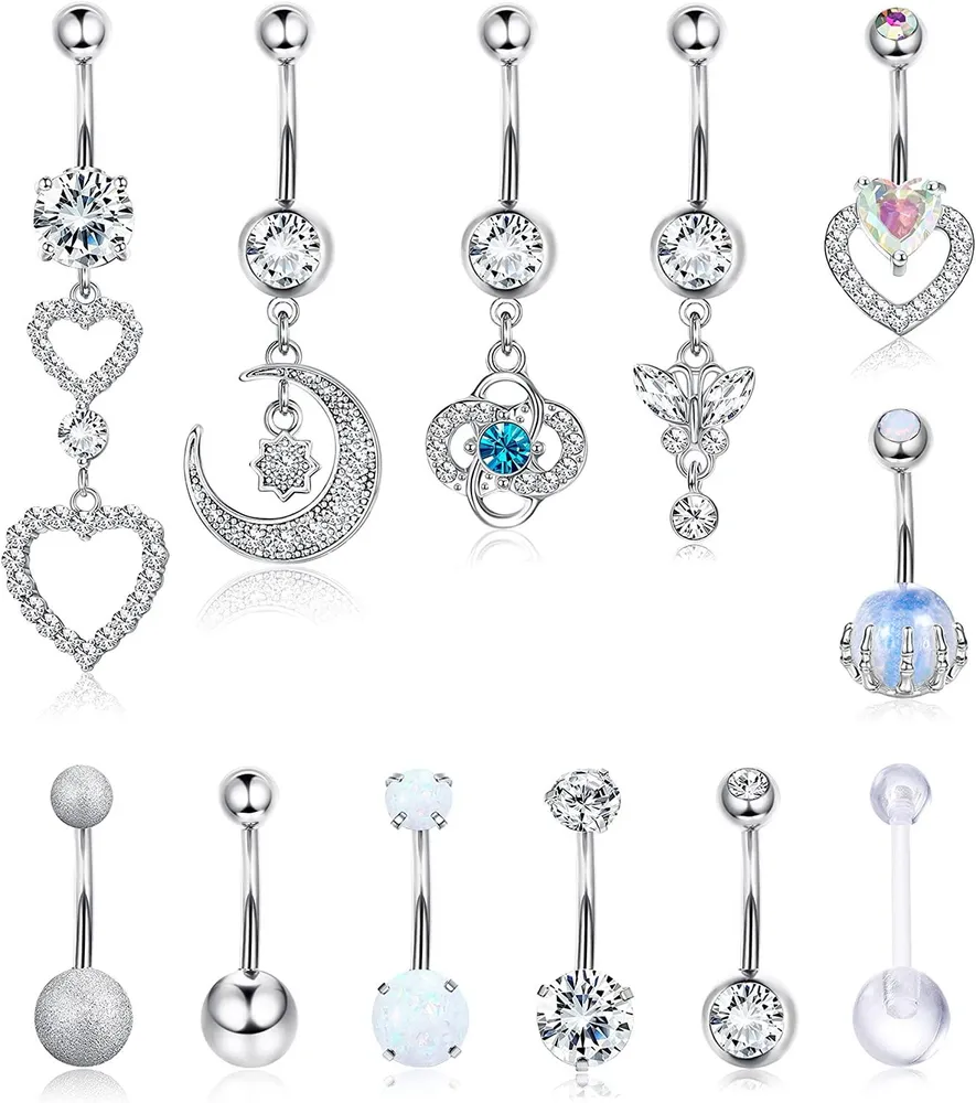 12 Stück 14G Bauchknopfringe Chirurgische Bauchringe für Frauen Bauch Piercing Nabelringe Kurz und Dangle Bauchknopfringe Opal Herz Schmetterling Barbell Körper Piercing Schmuck