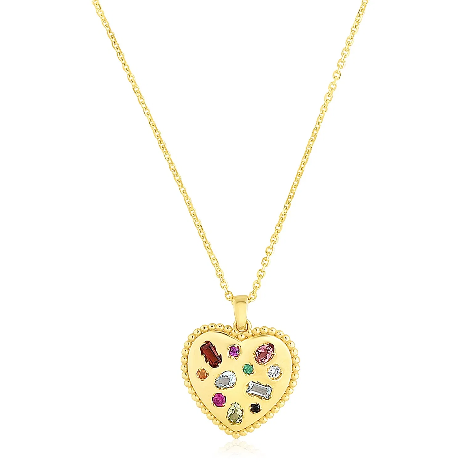 14 Karat Gelbgold High Polish Heart Edelstein Inlay Halskette