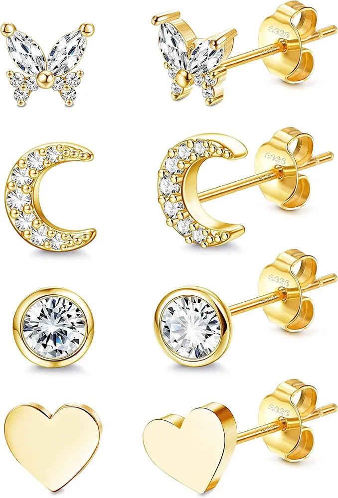 4 Paare 925 Sterling Silber Stud Ohrringe Set für Frauen Herz CZ Schmetterling Mond Blumen Stud Ohrringe Hypoallergen 4MM Kubik Zirkonia Knorpel Ohrringe Set