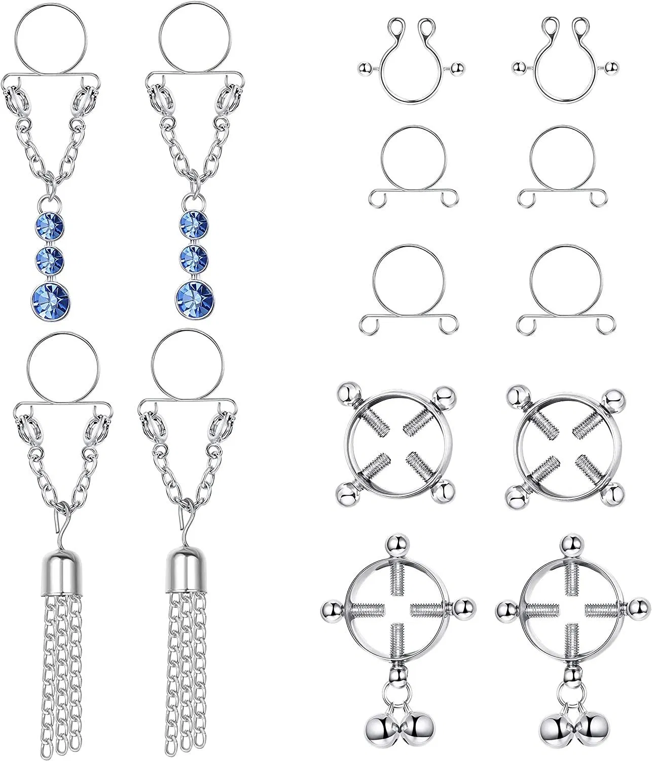 5Paare Falsche Nipple Ringe für Frauen Männer Verstellbare Schildringe mit Glocke Chirurgische Nipple Clamp Ringe Nicht-Piercing Nipple Ringe Hängel Clip Auf Falsche Nipple Ringe