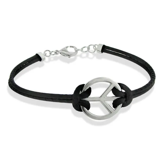 Stelring Silber Friedenszeichen & schwarzes Lederarmband