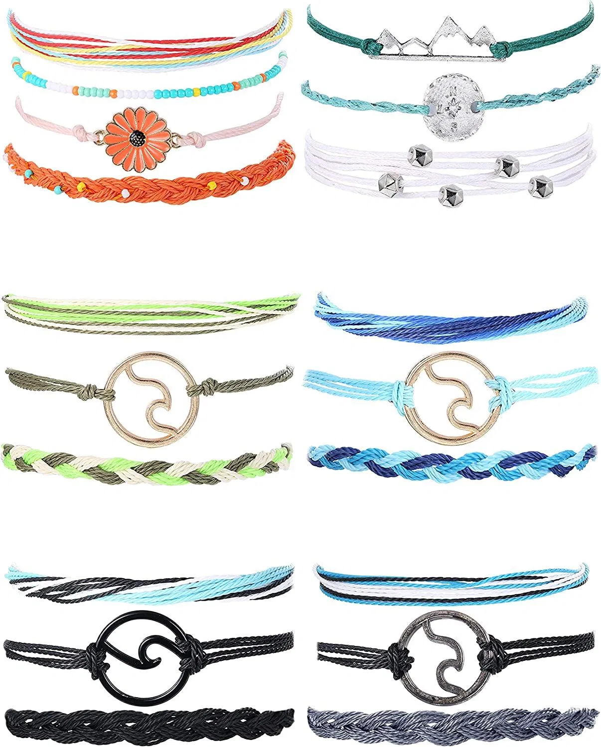 6 Pairs Handgemachte Welle Strand Armbänder Sommer Surfer Sonnenblumen Freundschaft Armbänder einstellbarer Strand Hawaii geflochten Seil Handgefertigte Schmuck Frauen