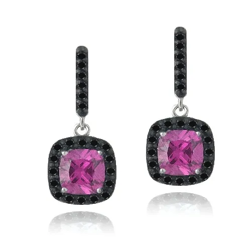 Sterling Silber 3,3ct geschaffen geschaffen rosa Saphir & Schwarz Spinel Quadrat Dangle Ohrringe