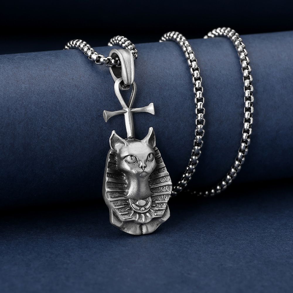 Ägyptische Haare alte Katze Anhänger Männer Hip-Hop Titanium Stahl Halskette Europäische und amerikanische Ins Punk Schmuck