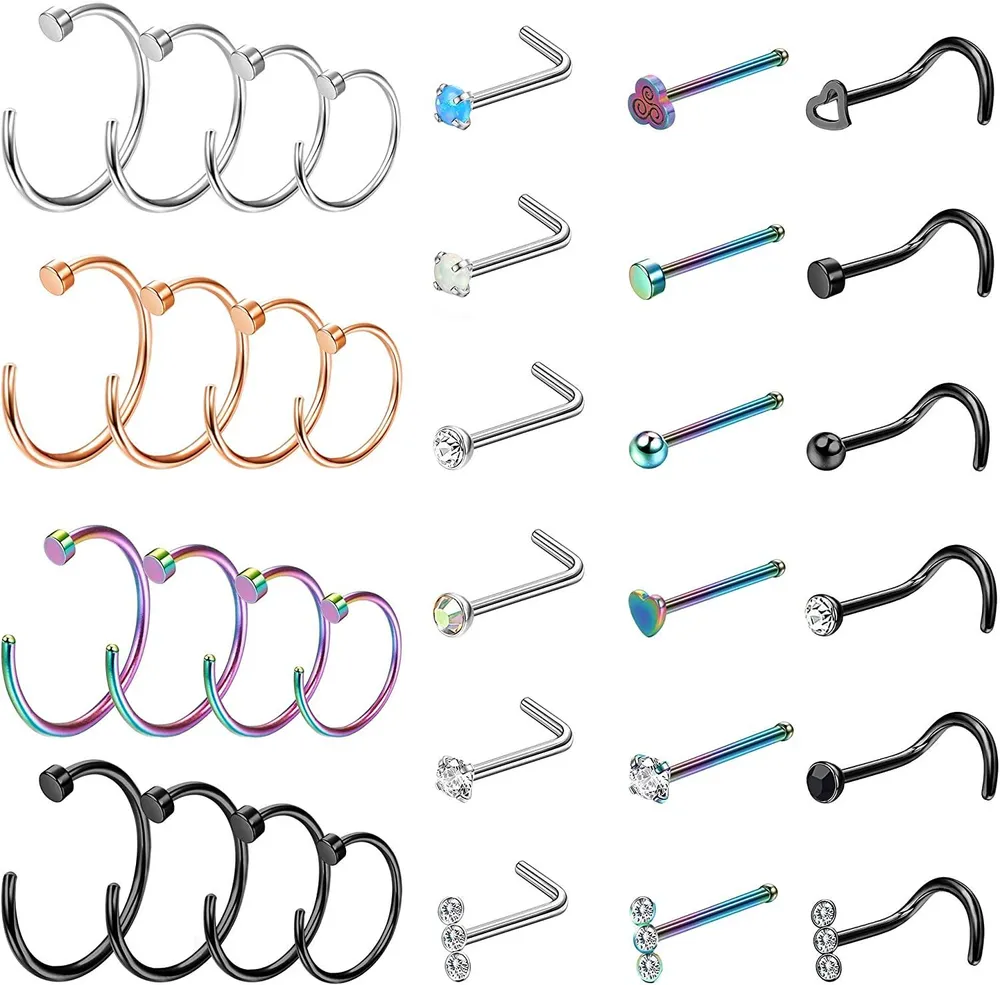 34 Stück Nasenring Schleife für Frauen Nose Piercings Edelstahl Nasenknochen L-geformte Schraube Nasen-Stuck - Set-Ringe für Frauen Männer