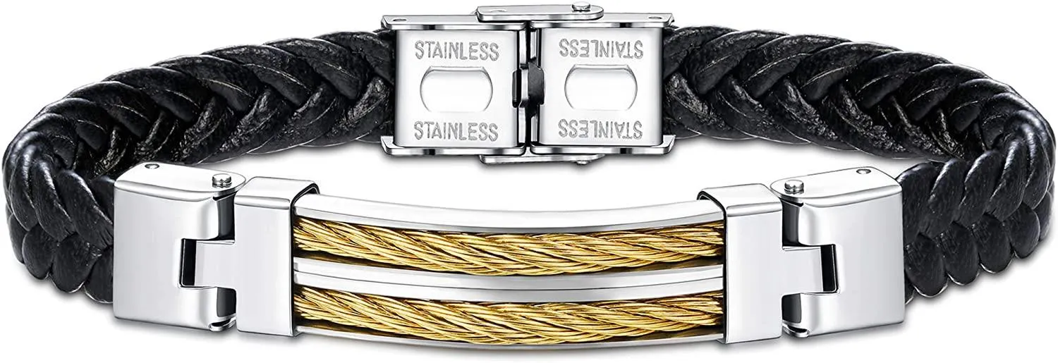 Lederarmband für Männer Klassisches handgefertigtes geflochtes Manschettenarmband mit poliertem magnetischen Edelstahl-Schließung in