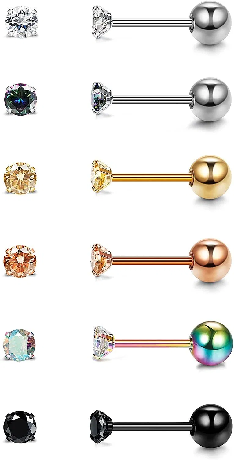 6Paare 20G Edelstahl Cubic Zirkonia Tragus Stud Ohrringe für Frauen Männer 4Prong CZ Flat Back Screw Back Ohrringe für Frauen Mädchen Helix Knorpel Ohr Piercing Schmuck