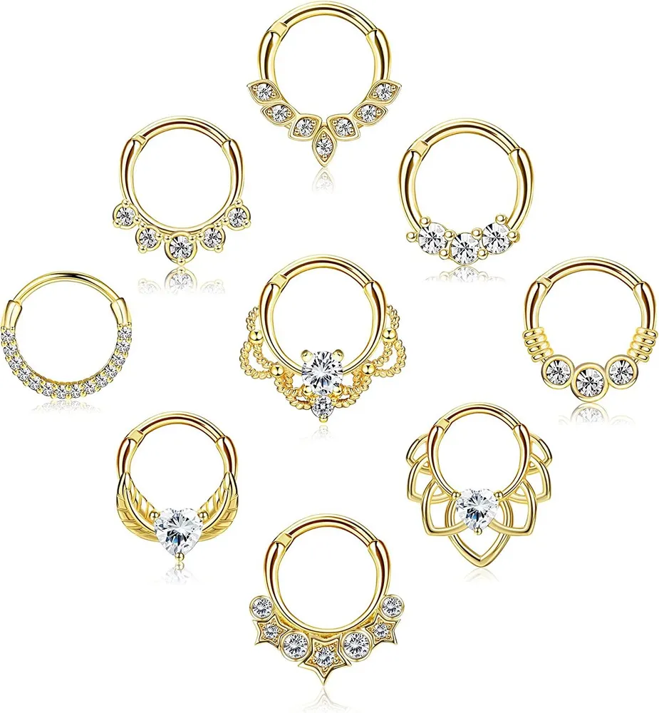 9Pcs Septum Ring 316L Edelstein-Zirkonschleifen Scharnier-Segment Nasenringe für Männer Frauen CZ Knorpel Tragus Helix Daith Ohrringe Nasen Piercing 10 MM