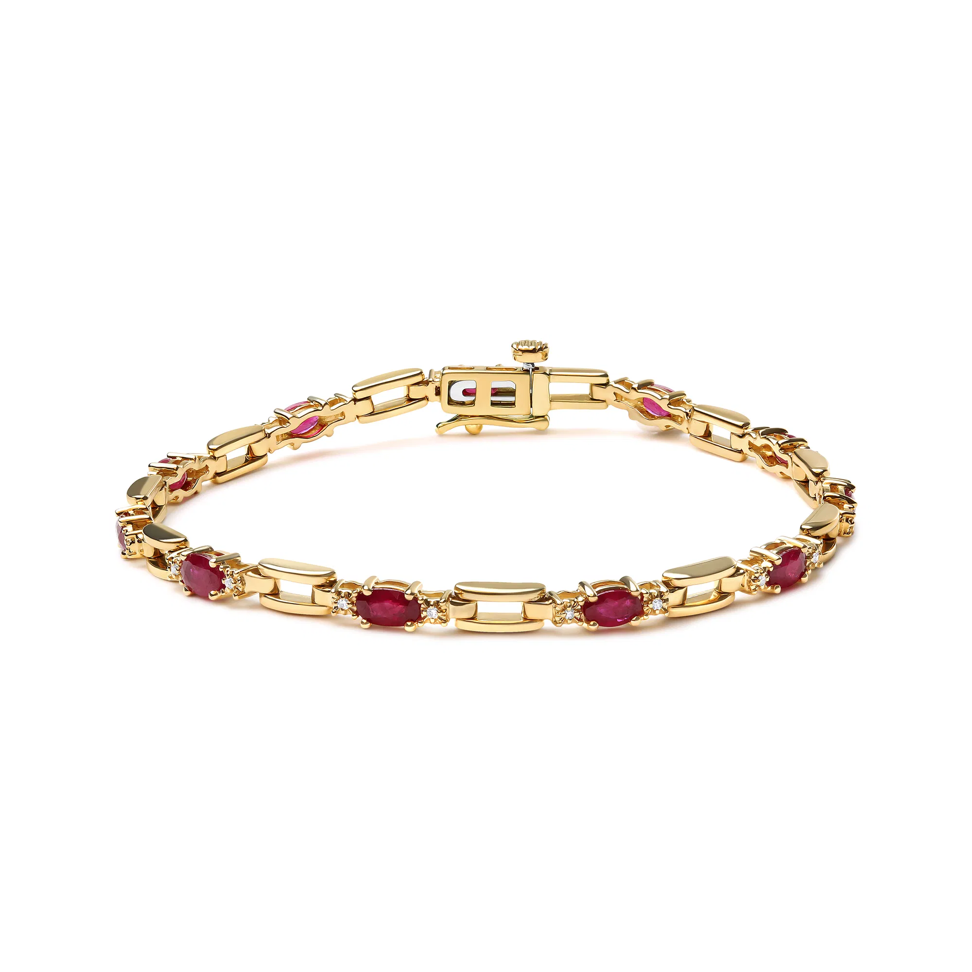 10 Karat Gelbgold Oval Ruby und 1 / 10 Cttw Diamant Bar Prong Set Armband (H-I Farbe, SI1 - SI2 Klarheit) - Größe 7
