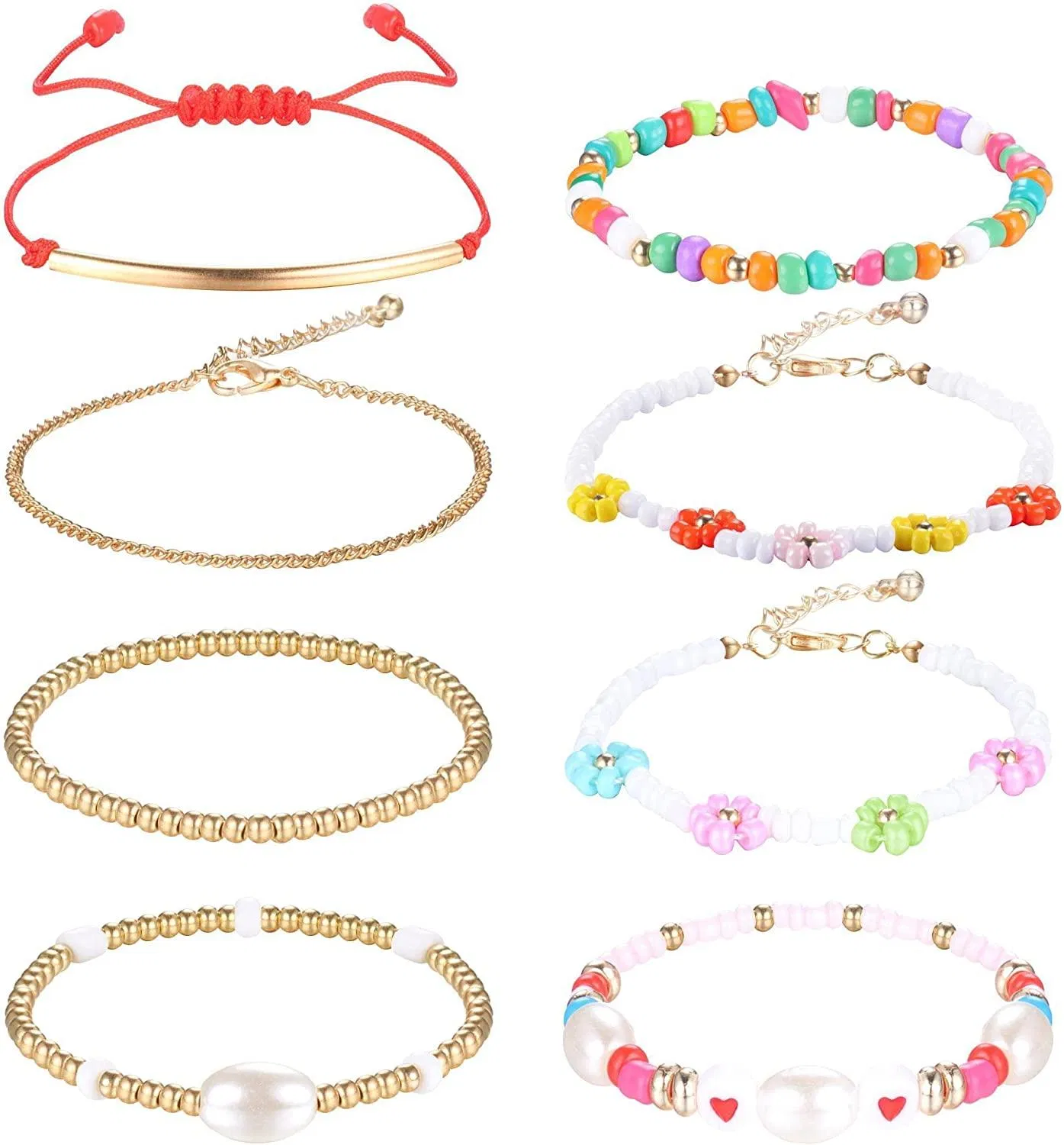 8pcs Perlen Stretch Y2K Armbänder für Frauen Handgemachte Hummer Schließperlen Armbänder Perlenblume Regenbogen Elastische Anpassung Armbänder Strand Sommer VSCO Armbänder Set