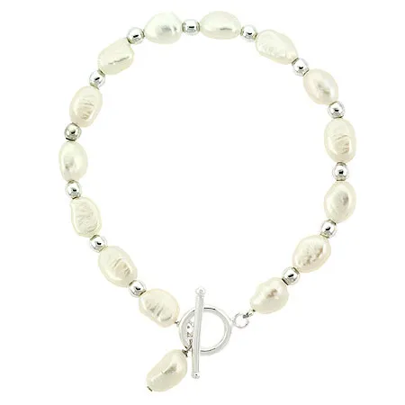 Sterling Silber .925 Round Bead Echtes Frischwasser Kultur Weiße Perle Nugget Armband