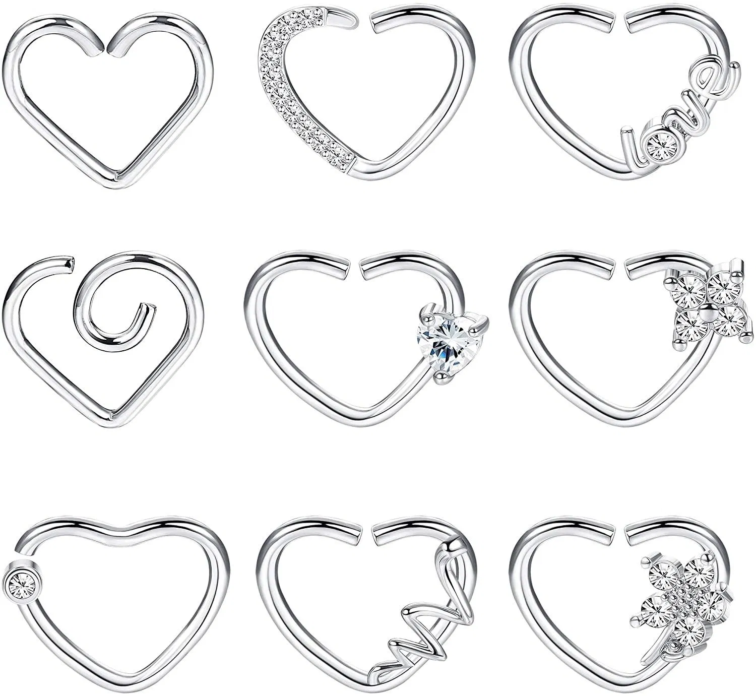 9pcs Helix Knorpel Ohrring Tragus Daith Piercing Chirurgische Stahl Herz Nasenring 16Gauge