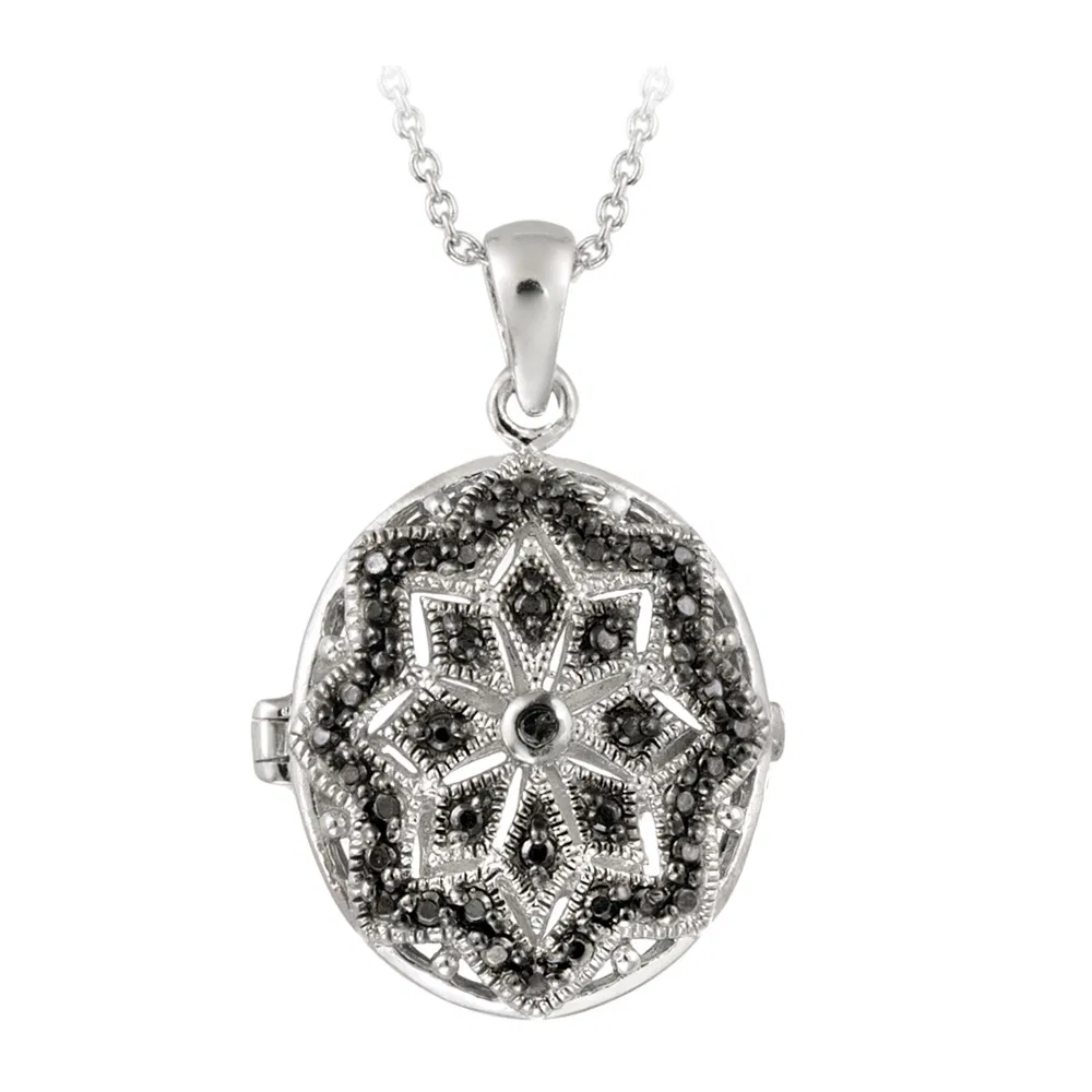 Sterling Silber Schwarz Diamant Akzent Filigree Oval Locket Halskette