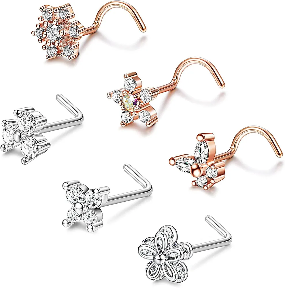 6PCS 20G Nasenring Stud CZ Blume L-Form Nasenringe Schmetterling Schneeflocken Nasenschraube Rostless Nasen Piercing für Frauen Männer