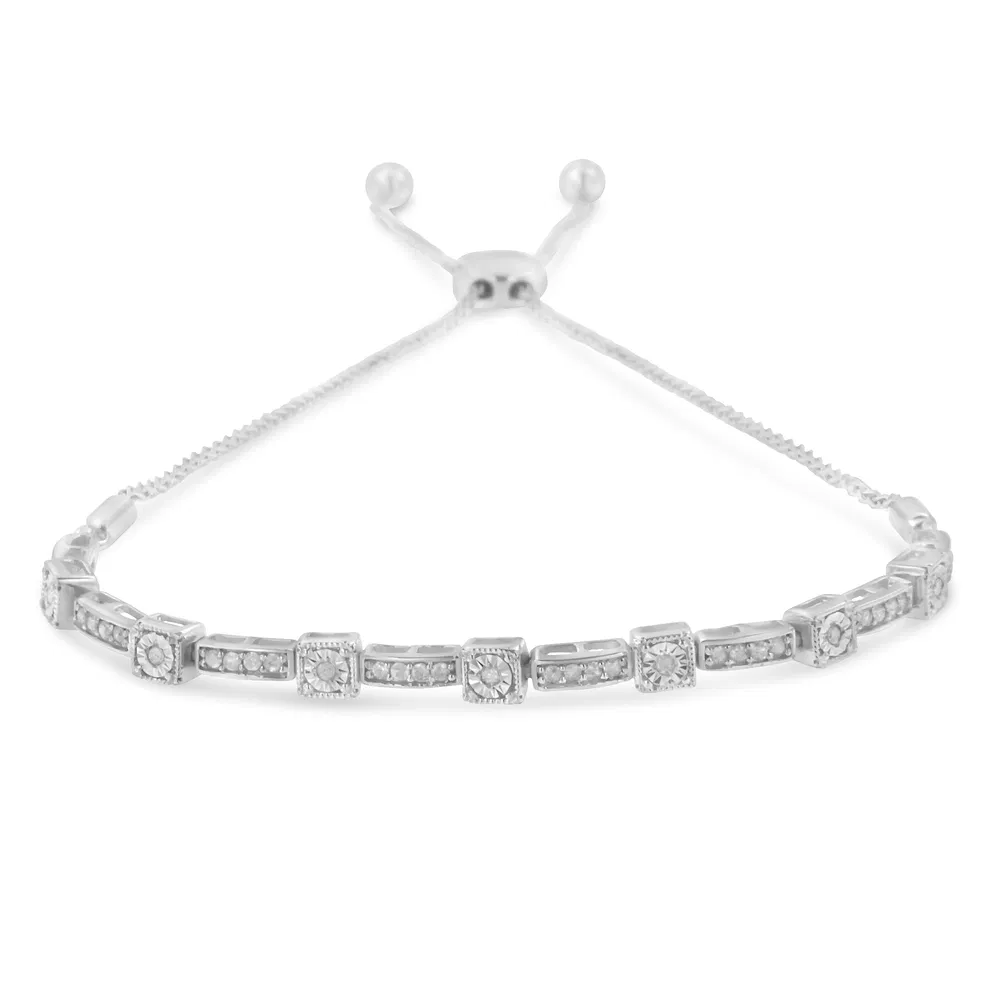Bolo .925 Sterling Silber 1 / 4 Cttw Diamant 4 '-10' Austauschbares Bolo Wechselfeld und Rechteck Armband (I-J Farbe, I3 Klarheit)