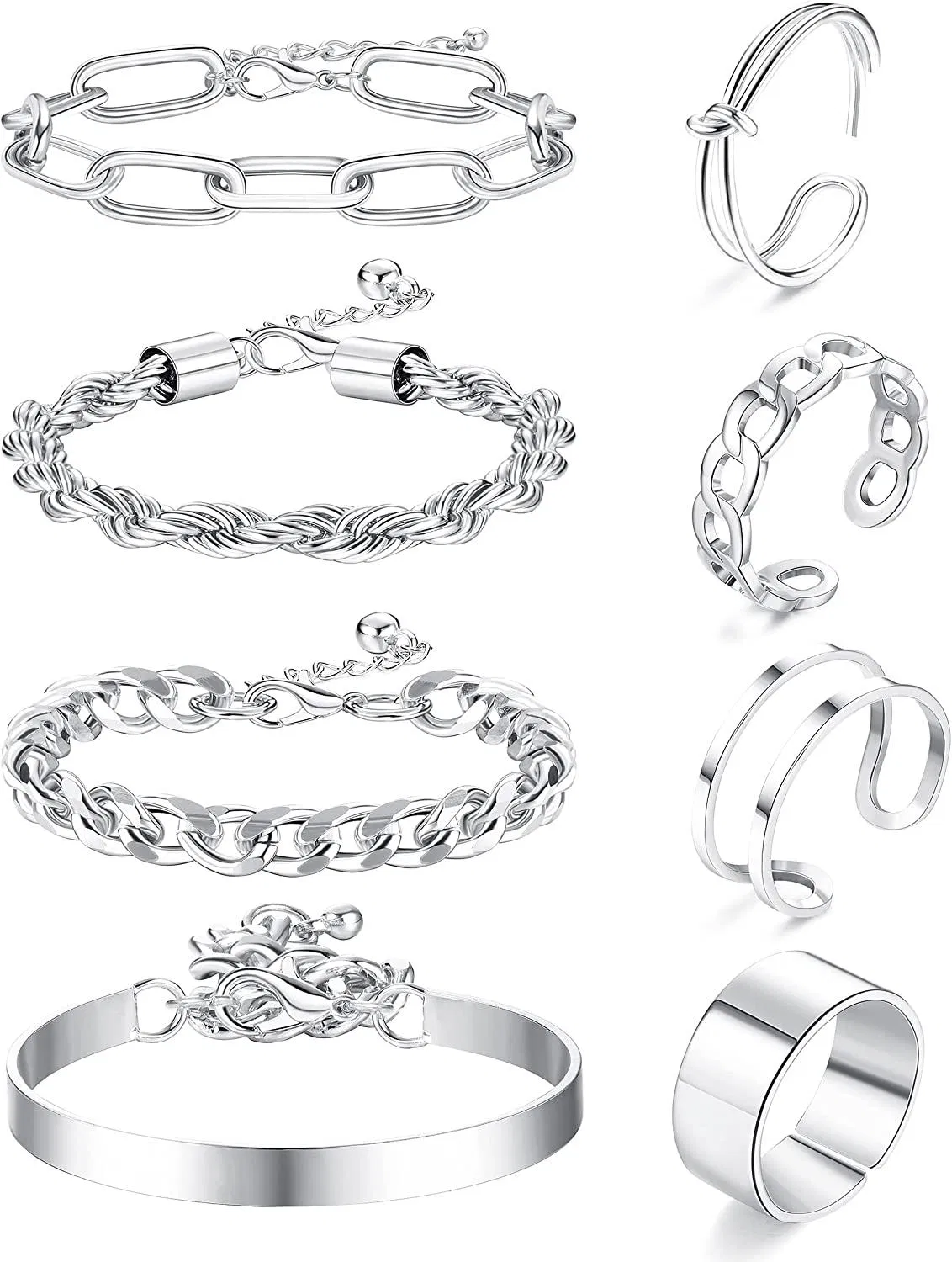 Dainty Gold Silber Link Kette Armbänder & Knuckle Midi Ring Set für Frauen Mädchen verstellbare Knoten Finger Stackable Ringe; Mode Kubanische Papierklipper Perlen Kette Armbänder Set