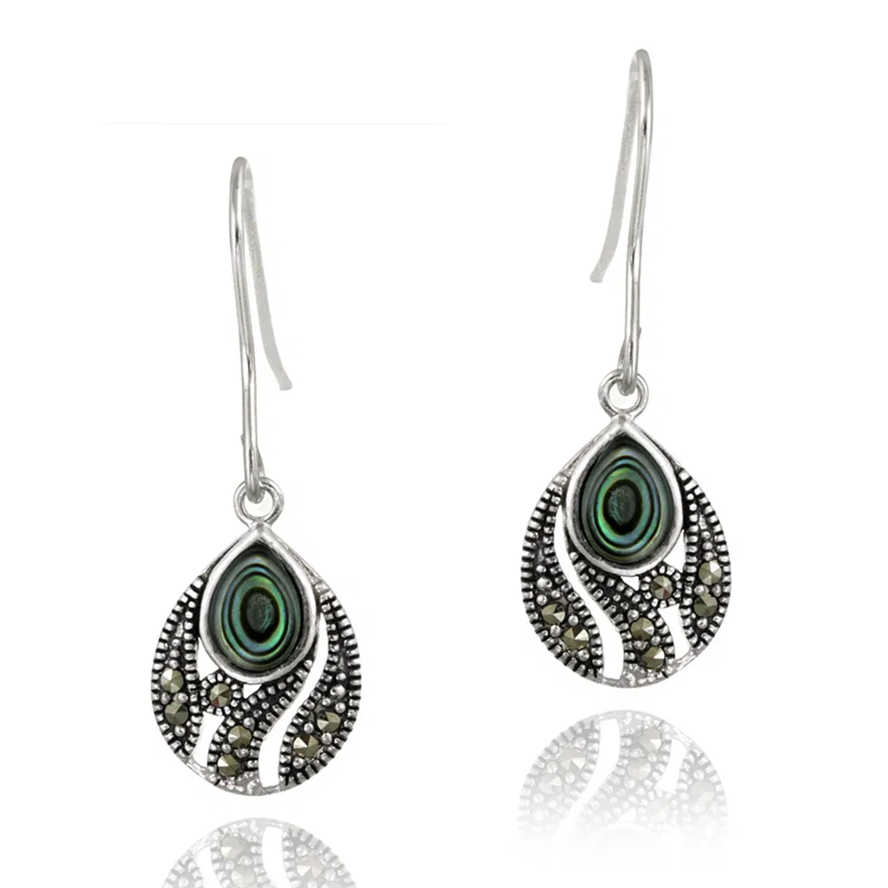 Sterling Silber Abalone & Marcasite Teardrop Dangle Ohrringe
