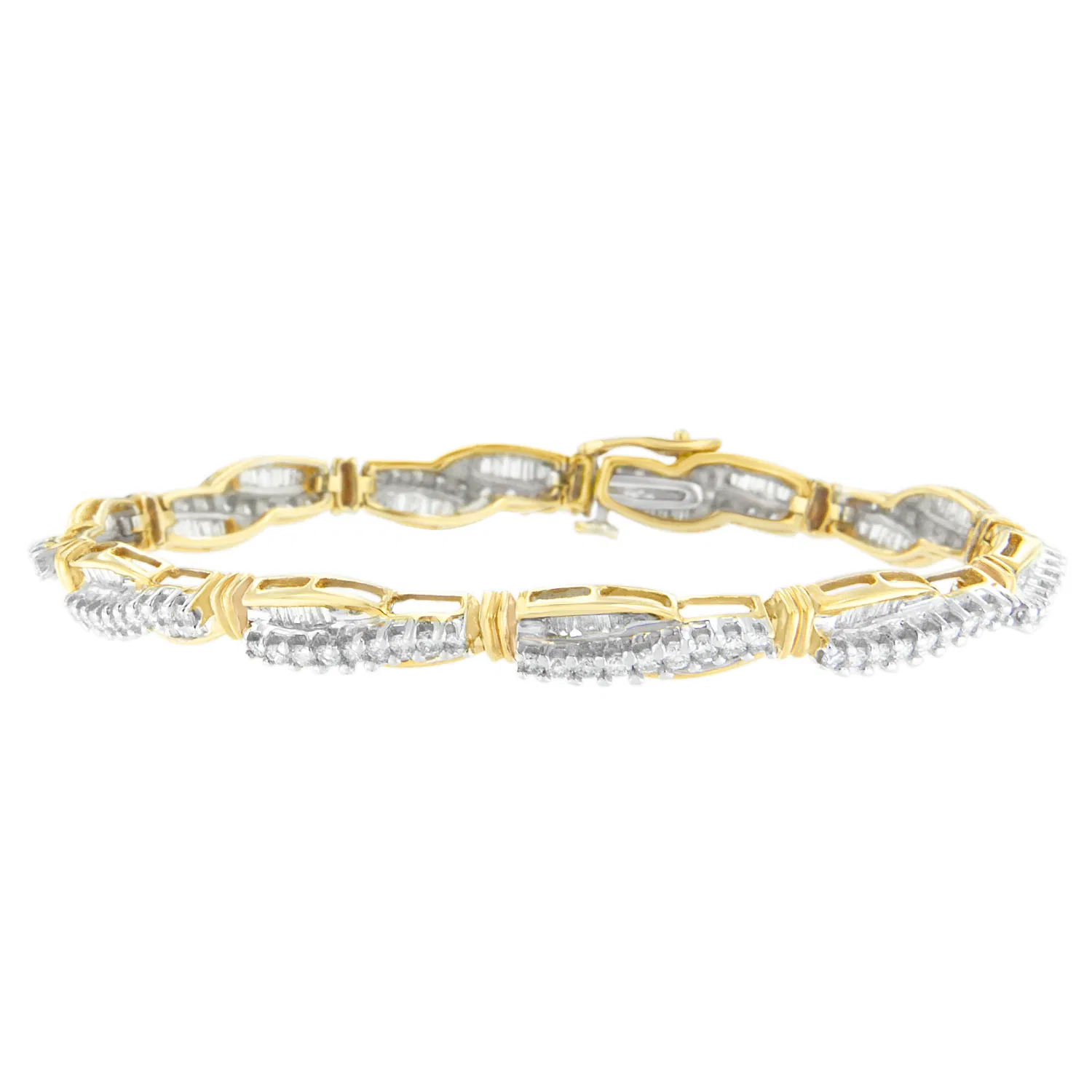 14 Karat Gelbgold Round and Baguette Cut Winding Love Diamond Armband (3.00 cttw, H-I Farbe, SI1 - SI2 Klarheit)