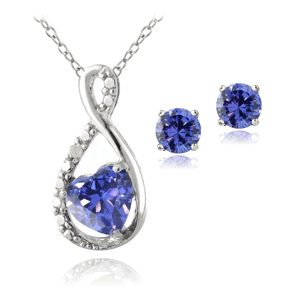Sterling Silber Violet CZ & Diamond Accent Infinity Herz Anhänger und Stud Ohrringe Set
