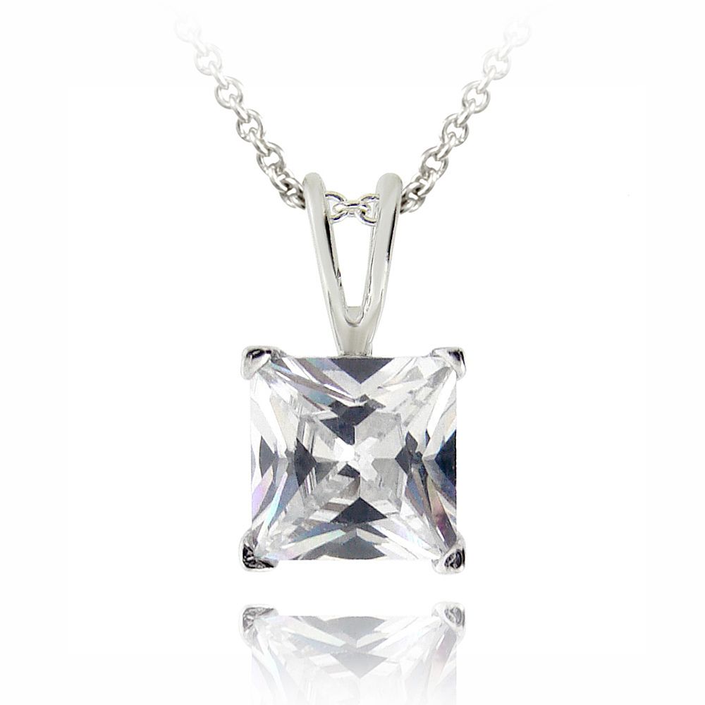 Silberton 2ct CZ Quadrat Solitaire Halskette, 7mm