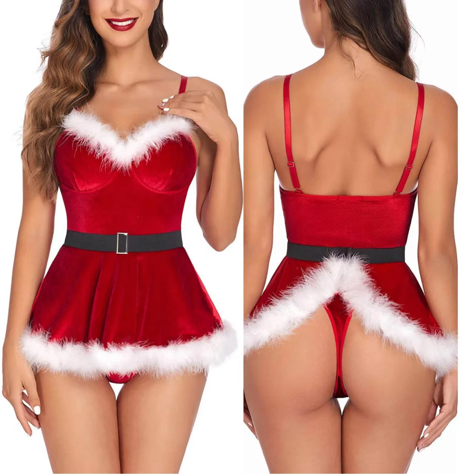 Frauen Weihnachten Lingerie Rot Santa Babydolls Hemden Set