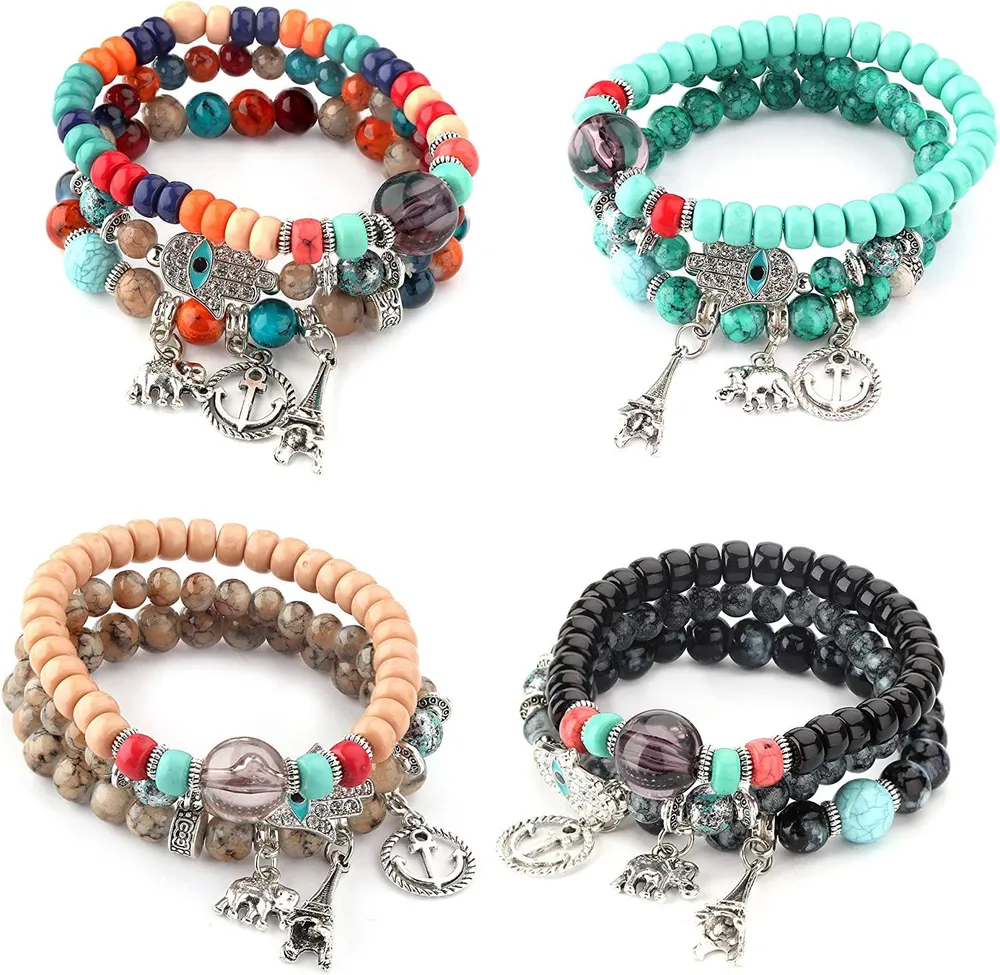 4 Sets Bohemian Stretch Beaded Armbänder für Frauen Multilayer Stackable Armbänder Strand Bangles