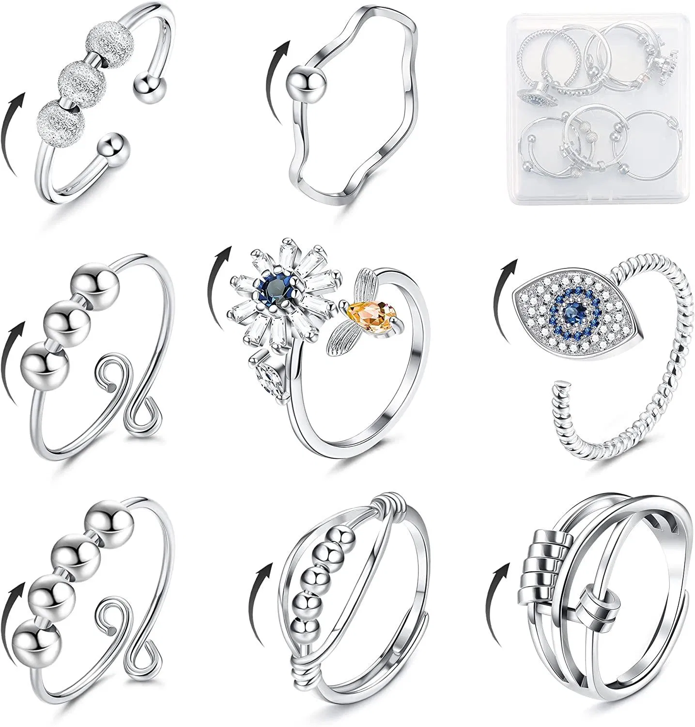 8 Stücke Angst Spinner Ringe Angst Fidget Ringe Einstellbare rotierende Ringe rotierende Ringe beruhigende Sorge Meditationsringe für Frauen Damen Mädchen Linderung von Stress Größe 7