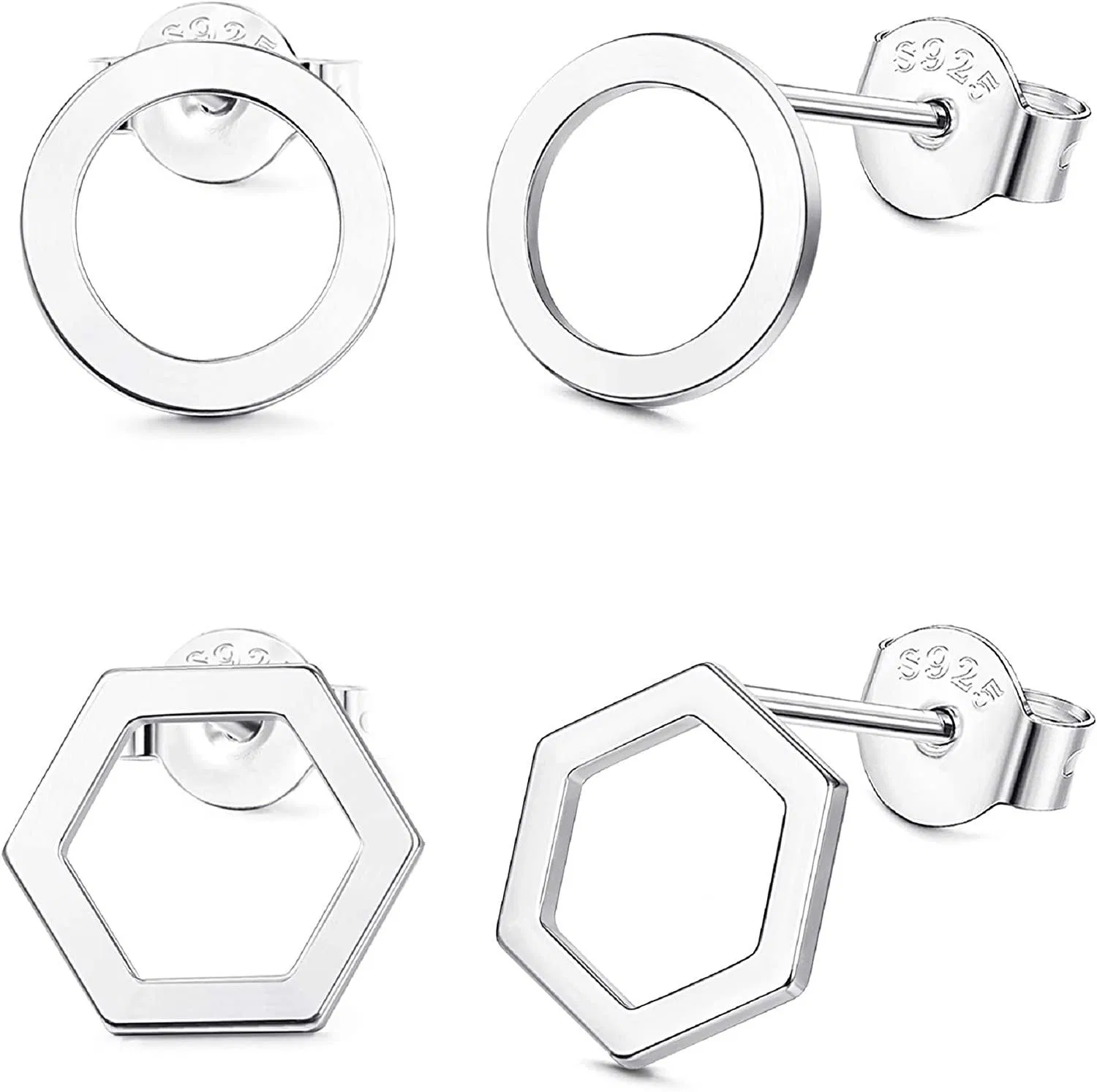 2 Paare 925 Sterling Geometrischer Stud Ohrring für Frauen Minimalismus Kreis Hexagon Ohr Studs Set hypoallergenen Schmuck
