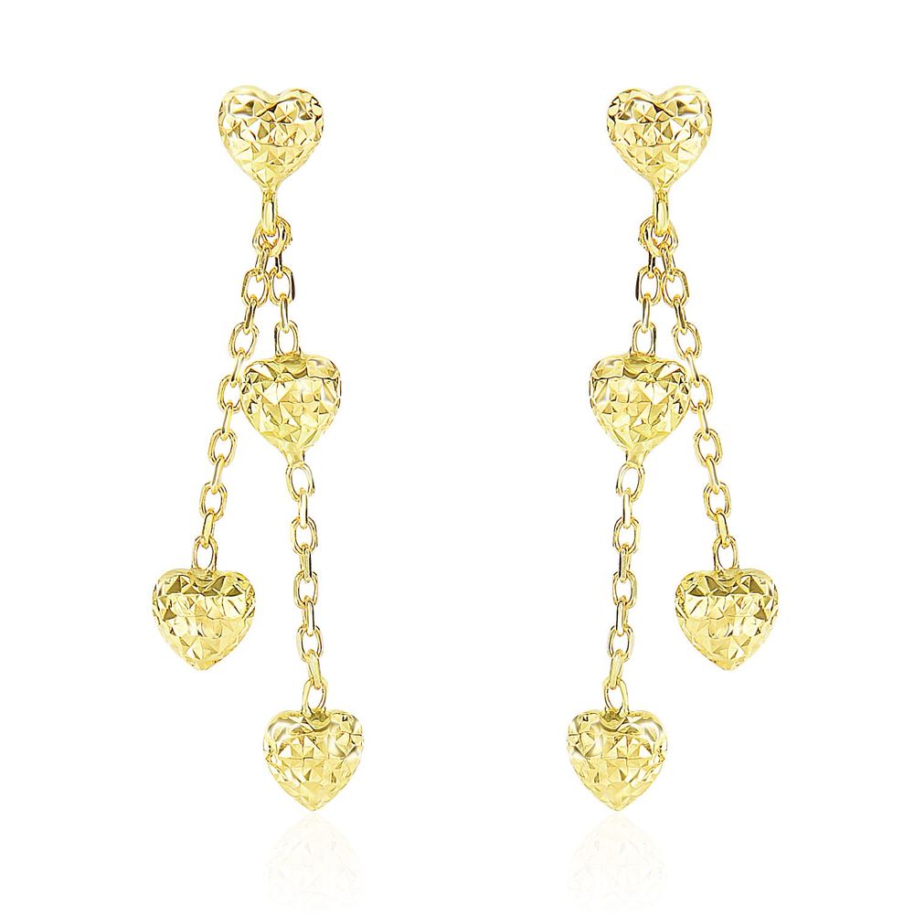 14 Karat Gelbgold Puffed Heart Diamond Cut Chain Hanging Earrings