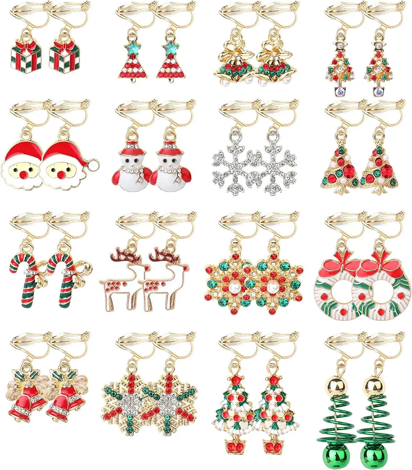 16 Paare Weihnachten Assorted Clip auf Ohrringe für Frauen Xmas Baum Glocke Santa Elk Schneeflocken Drop Dangle Ohrringe Set