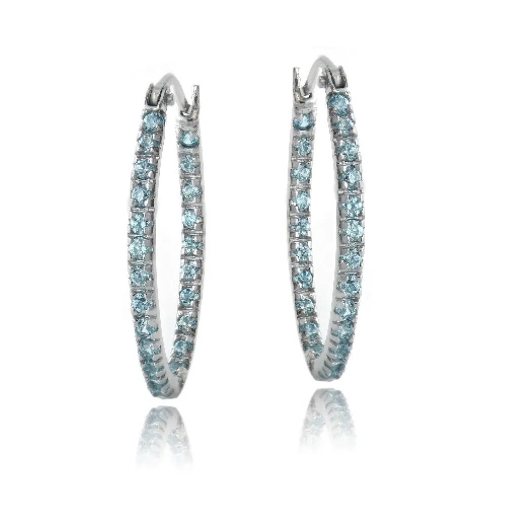 Sterling Silber Inside Out Aquamarine CZ 22mm Oval Hoop Ohrringe