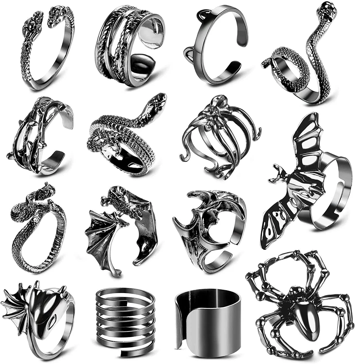 15 Stück schwarze Ringe Set für Frauen Mädchen Schlange Fledermaus Devil Wing Spider Rose Cool Punk Gothic Ringe Stapeln Vintage Midi Schwarz Größe 7 - 9