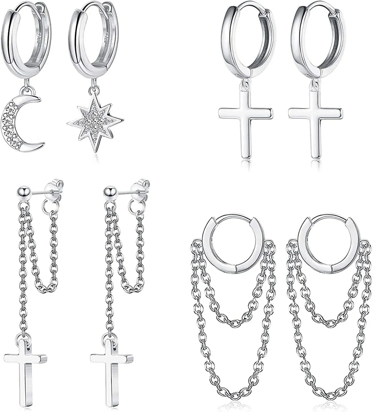 4 Paare Dangle Hoop Ohrringe kleine Huggies Hoop Ohrringe für Frauen Mädchen Edelstahl CZ Mond Stern Kreuz Kette Hoop Ohrring Set für Frauen