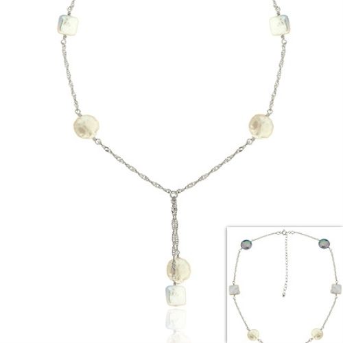 Sterling Silber .925 Regenblende echte Pink, Grau, & Weiß Quadrat & Round Freshwater Cultured Münze Perle Dangle Graduiert Twist D-Cut Chain Lariat Halskette 16 - 19