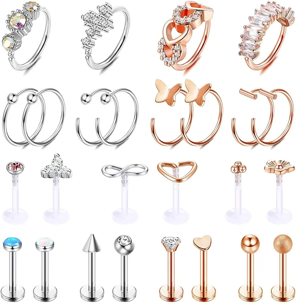 26pcs 20G 16G Lippenringe für Frauen Männer Chirurgie-Stahl Opal Labret Monroe Lippenringe Hoop Nasen Lippen Nagel Tragus Helix Knorpel Ohrringe Studs Ring CZ Studs