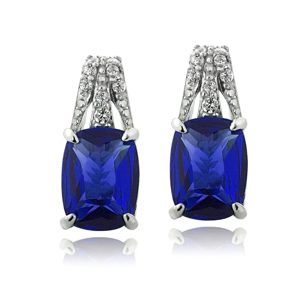 Sterling Silber geschaffen Blauer Saphir & CZ Rechteck Drop Ohrringe