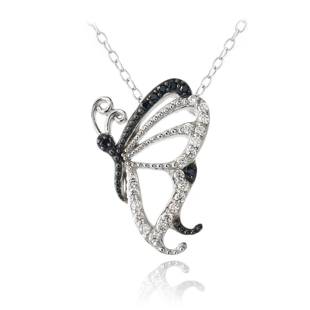Sterling Silber Schwarz & Weiß CZ Schmetterling Halskette