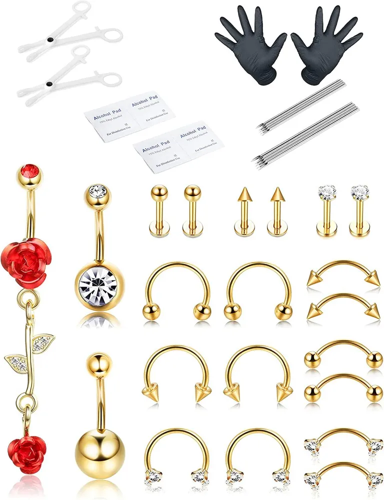 21PCS Professional Piercing Kit Edelstahl 14G 16G Bauchknopf Ringe Septum Nasen Lippen Labret Augenbrauen Knorpel Tragus Ringe Körper Piercing Werkzeuge