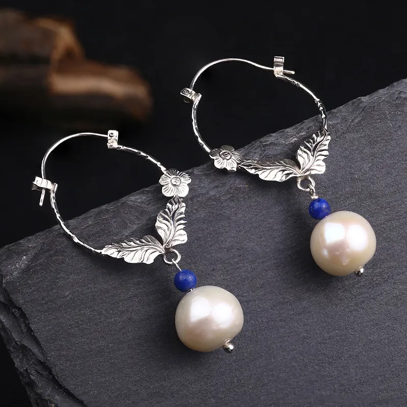S925 Sterling Silber lange Perlen Ohrringe weibliche ethnische Stil Tassel rund Perlen Ohrringe