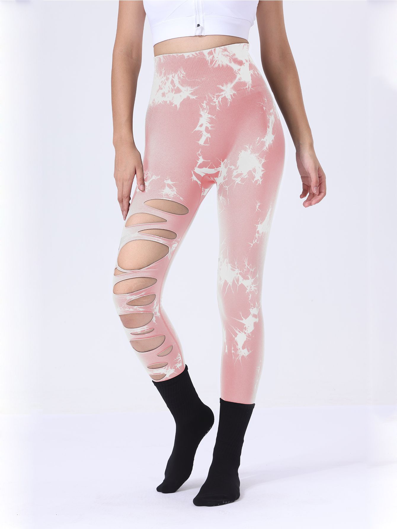 3 Pack Damen Krawatte Färbung Cutout Strümpfe High Waist Workout Yoga Leggings, Scrunch Butt Lifting Elastische Hosen, Damen High Waist Yoga Pants Cutout Ripped Tummy Control Workout Laufen Yoga Skinny Leggings