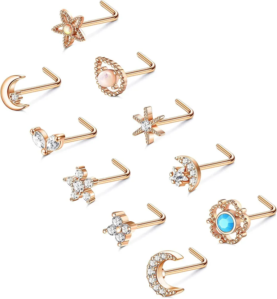 20G Edelstahl Nasen Ringe L-Form Süße Blume Mond Stern Schraube Nasen Studs für Frauen Glitzer Opal CZ Eingezogen Nasenloch Piercing 10Pcs