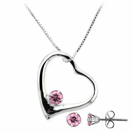 Sterling Silber Pink CZ Open Heart Anhänger und Stud Ohrringe Set